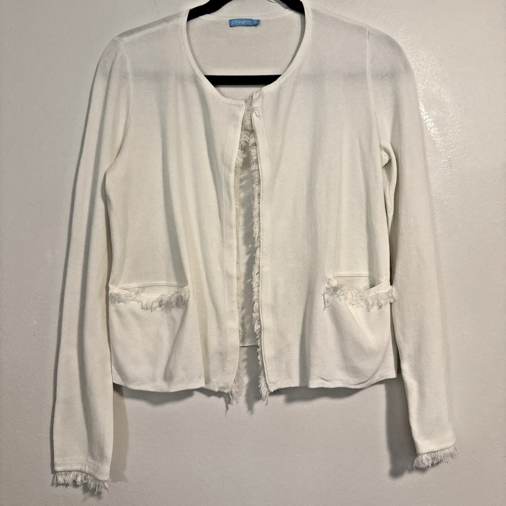 J. McLaughlin Ivory Cotton Knit Frayed Edge Cardigan - SZ M - Open Front White